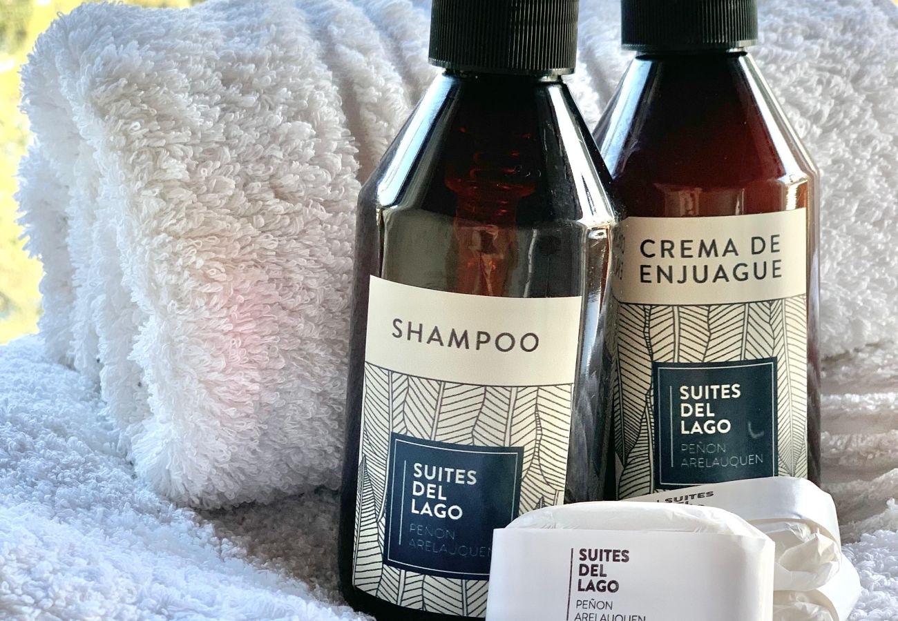 Detail of complimentary towels, shampoo, conditioner, and soap in Arrayán 1A apartment.